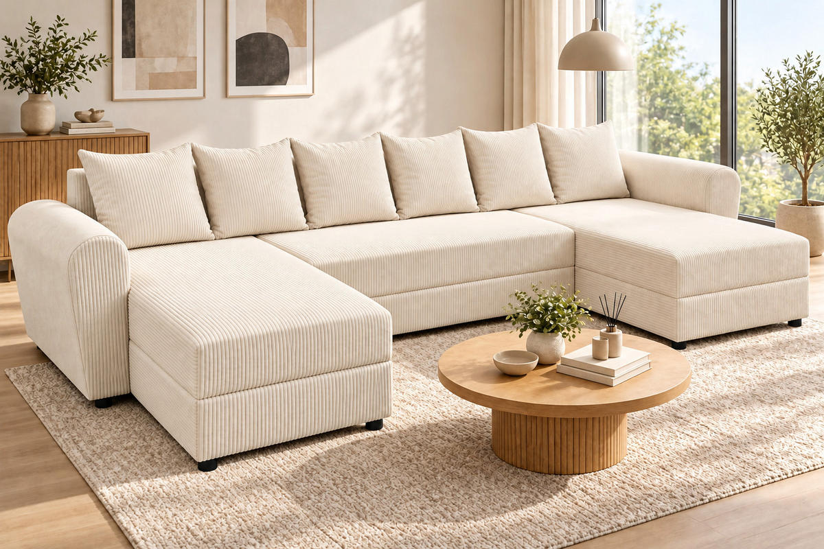 WOHNLANDSCHAFT PUMA U 308 cm – Cord Sofa in U-Form mit Schlaffunktion, Bettkasten und weichem Cordbezug - Beige/Schwarz, Kunststoff (308/85/140cm)