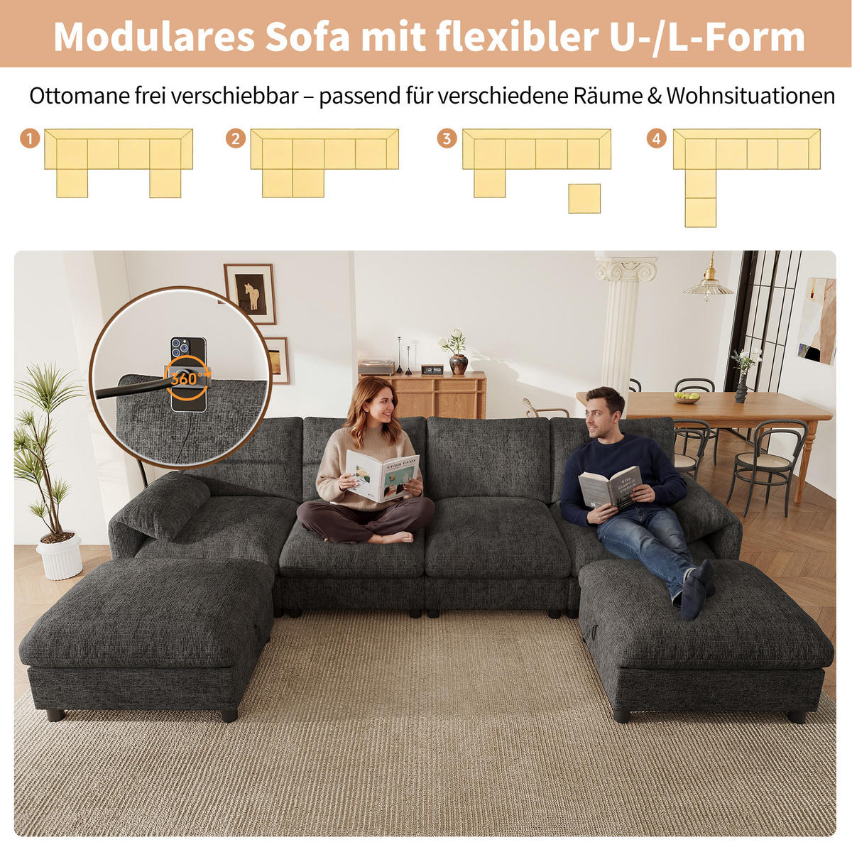 SCHLAFSOFA mit modularer U-/L-Form, 6 Sitzen, Stauraum-Hockern und USB Type-C - Grau, Textil (273.5/81/133cm) - EVRYAE