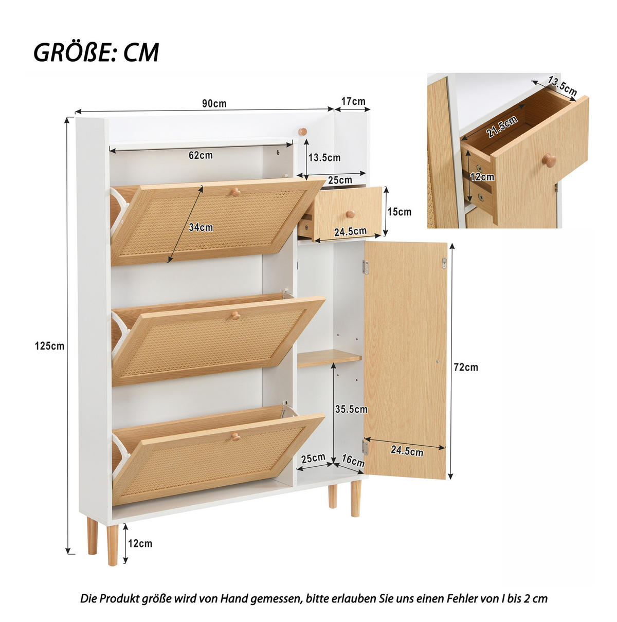 SCHUHSCHRANK aus MDF 90x125x17cm in Natur mit 3 Klappen & Schublade - Naturfarben, Holzwerkstoff (90/125/17cm) - Modfu