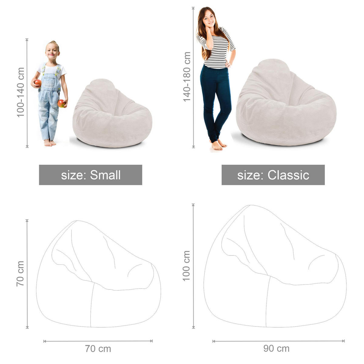 SITZSACK PARADISE MIT FUßSTÜTZE Kordsamt 2-tlg White Dove M - Weiß, Textil (90/100/90cm) - Dreamroots