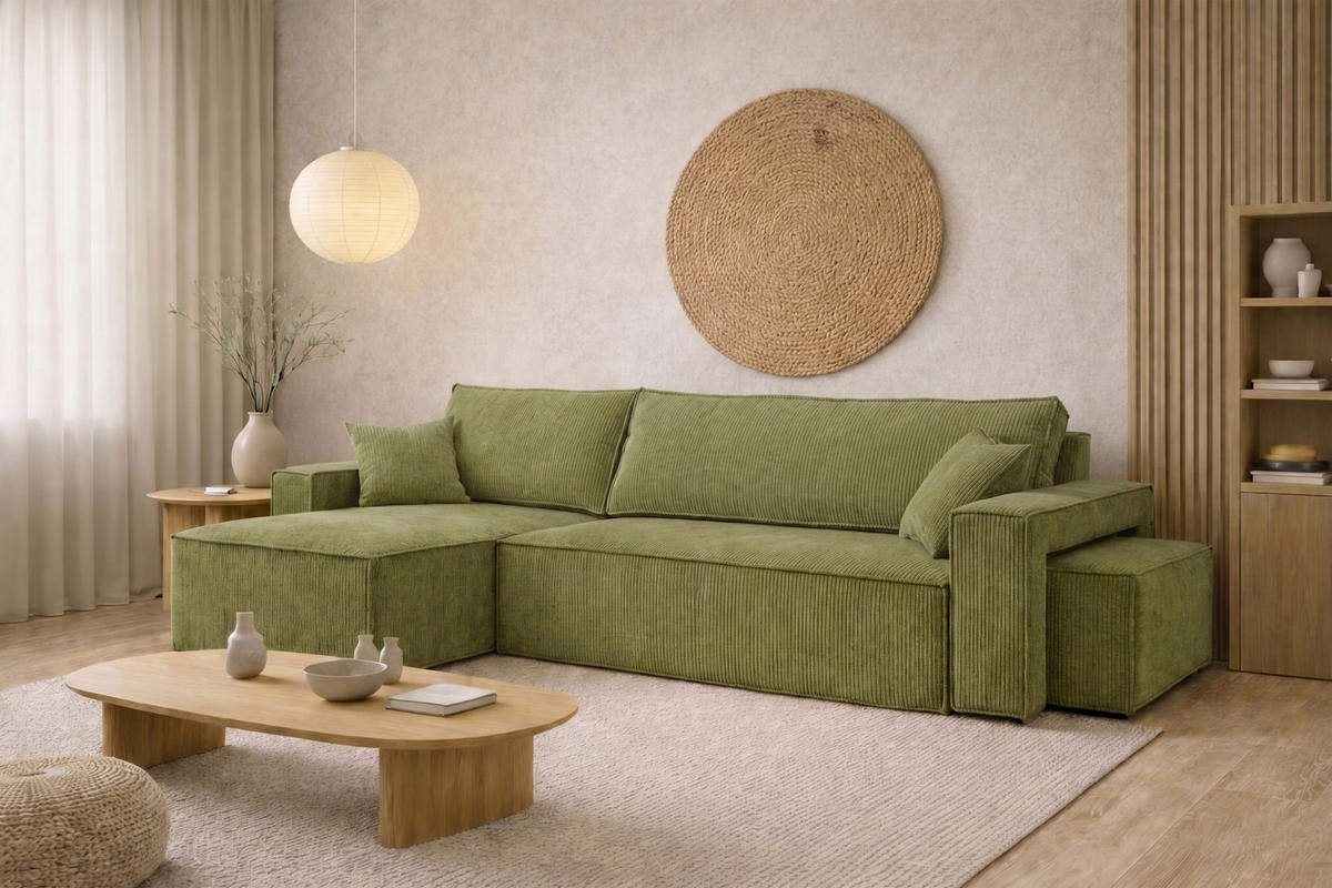 ECKSOFA Mit Schlaffunktion Und Pouf, Cordstoff Poso, Olive, Links, Best L Mit Pouf - Olivgrün, Holz (244/145cm) - Kaiser Möbel