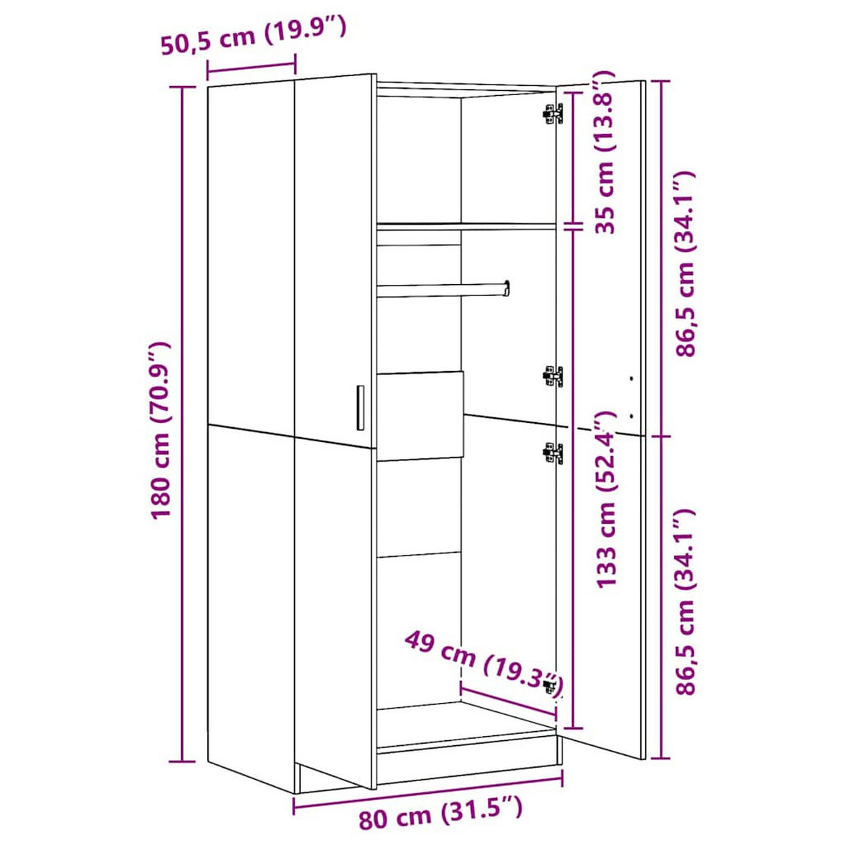 KLEIDERSCHRANK Weiss 80/52/180 Cm Holzwerkstoff - Weiß, Holzwerkstoff (52/180/80cm) - vidaXL