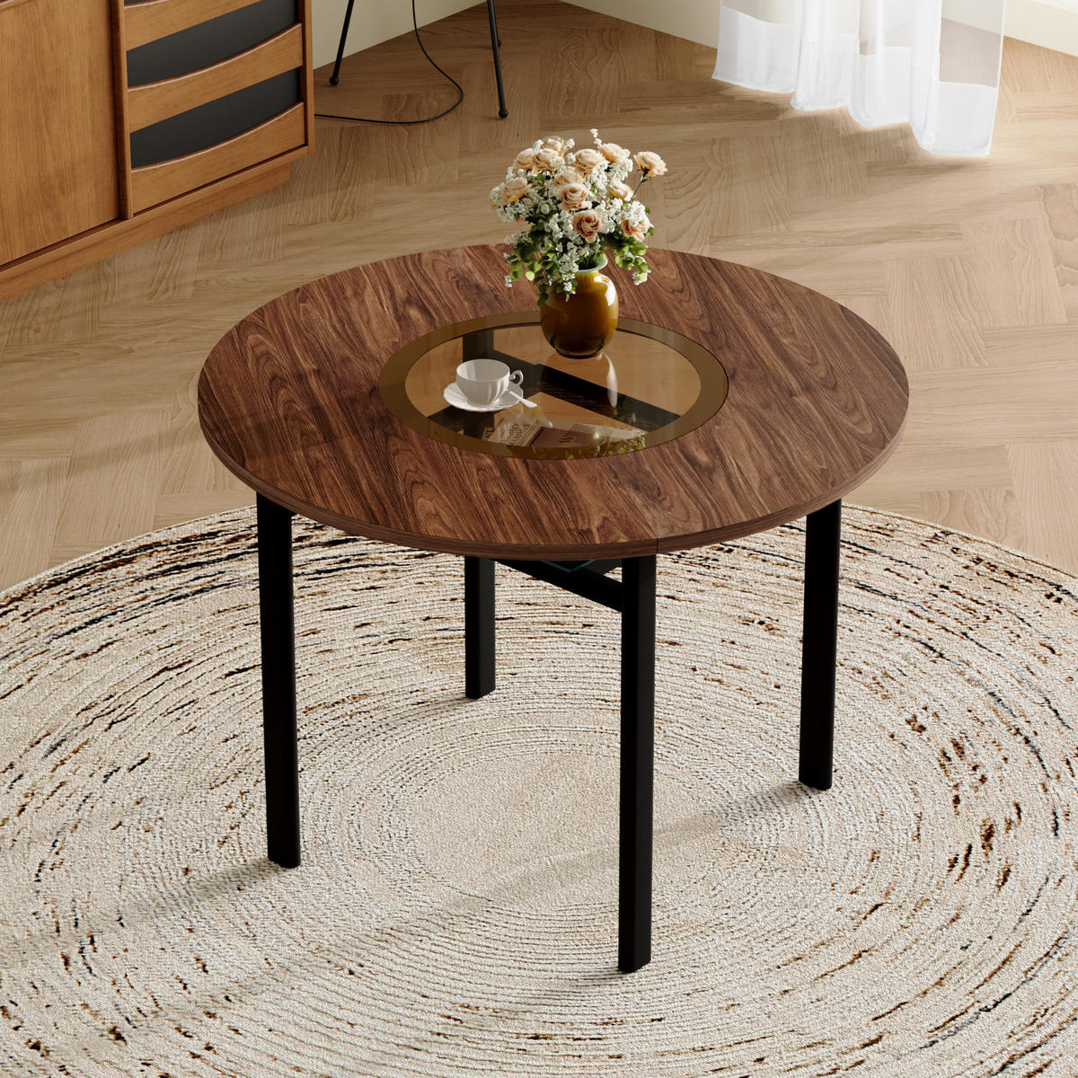 ESSTISCH Rund 100 cm mit Glaseinlage DE-40000 Braun - Braun, Holzwerkstoff (100/100/76cm) - ComfortXL