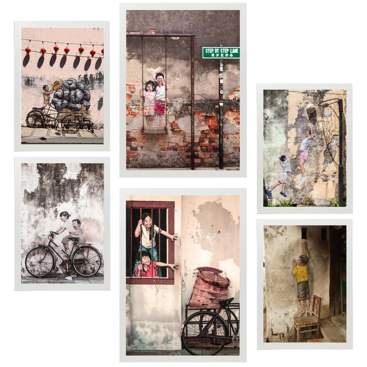 POSTER Set Mit 6 Graffiti Straßenkunst Bunte Schablone Vietnam A3 & A4 Weißer Rahmen - Weiß, Papier (29/3cm) - Nacnic