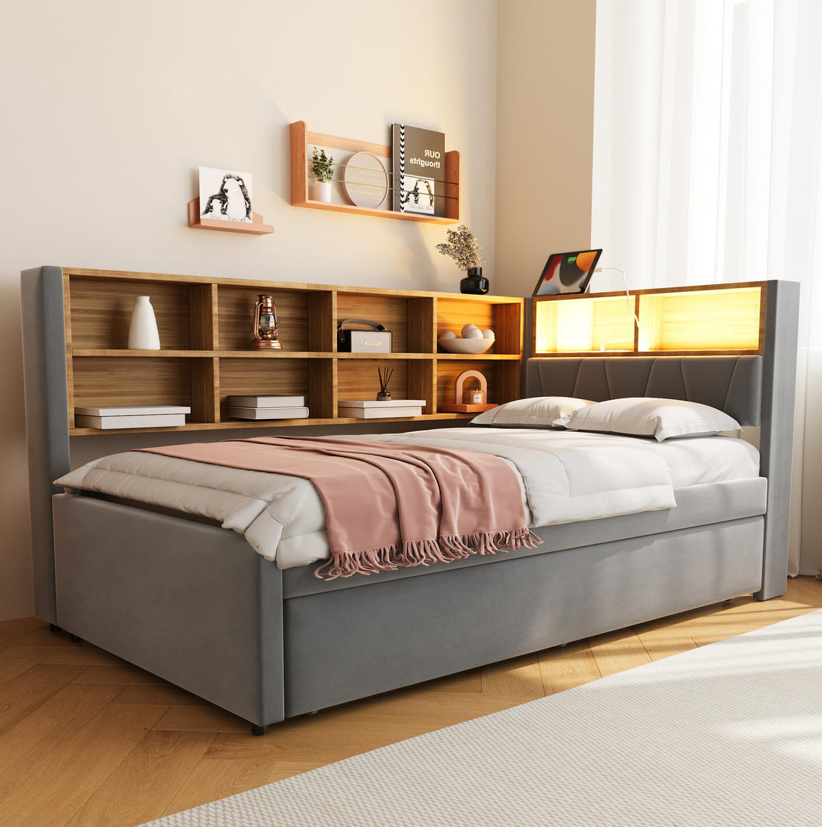 POLSTERBETT mit LED-Beleuchtung 90/200 cm mit Ausziehbett und Stauraum - Dunkelgrau, Textil (90/200cm) - BEAOK