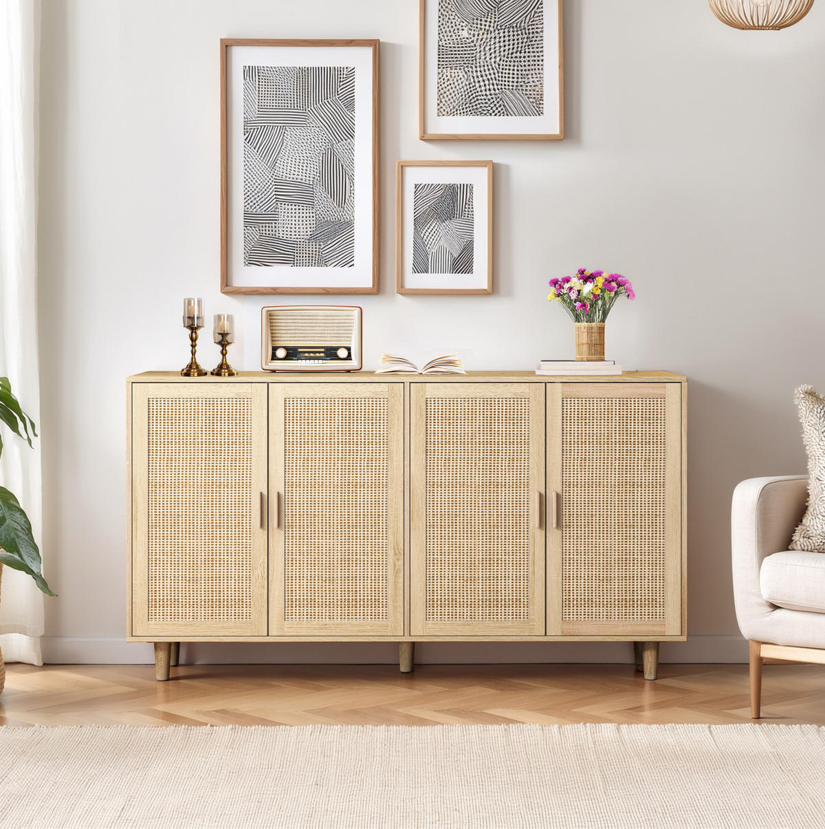 SIDEBOARD aus Spanplatte 158x40x88 cm Natur mit 4 Rattantüren und verstellbarem Einlegeboden - Naturfarben, Holzwerkstoff (158/88/40cm) - IVMEU