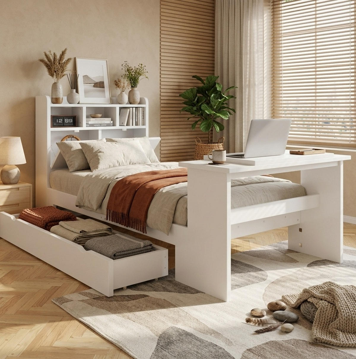 STAURAUMBETT 90/200 cm Weiß mit Klapptisch ohne Matratze - Weiß, Holz (90/200cm) - MIVRAY