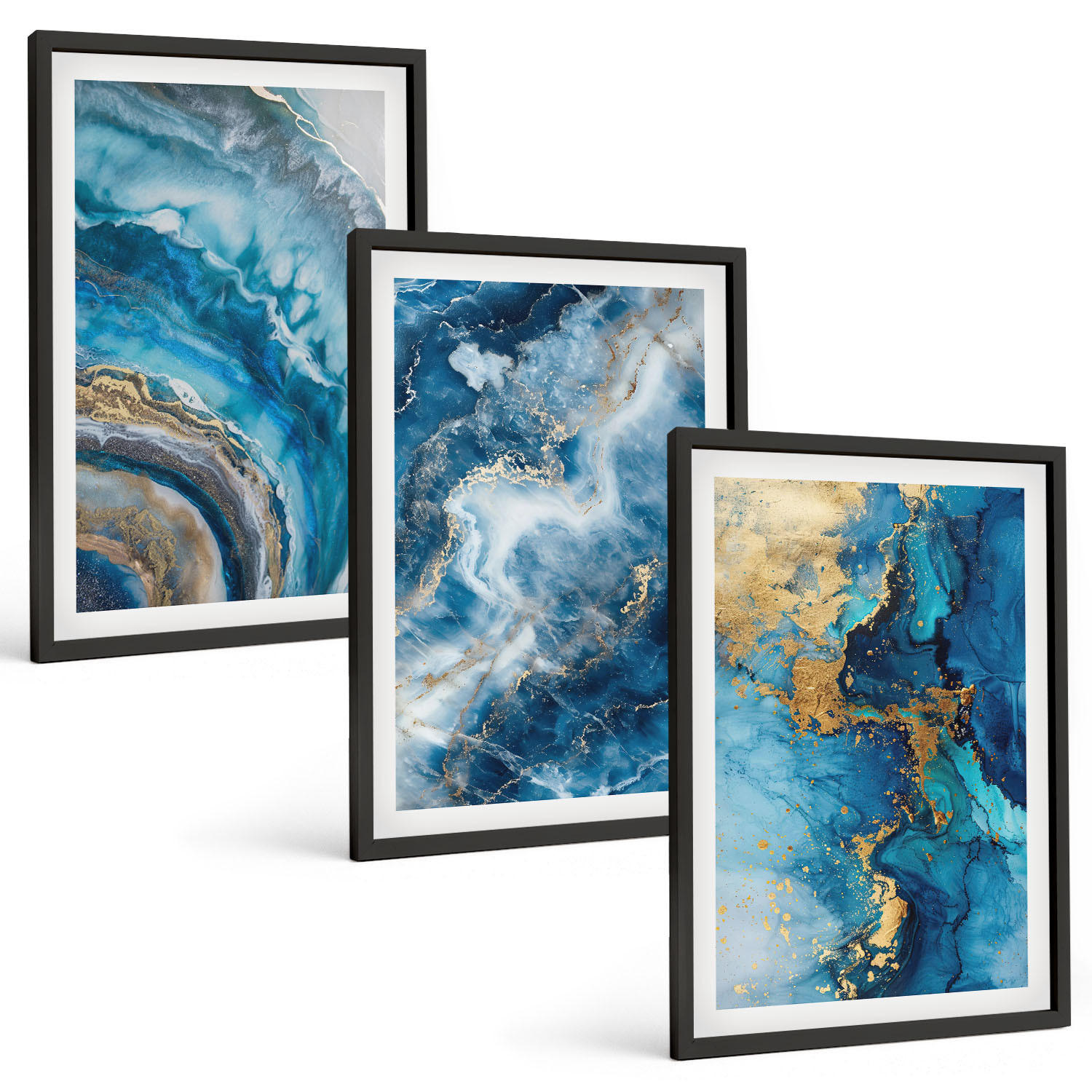 BILDER SET 3er Set - 40x60 cm Schwarzer Rahmen - Blaue abstrakte Muster - Schwarz, Kunststoff (40/60cm) - TULUP