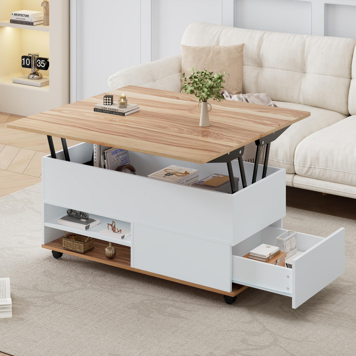 COUCHTISCH höhenverstellbar 100 x 98 x 65 cm Weiß Holzoptik mit Stauraum - Weiß, Holzwerkstoff (100/98/65cm) - Meubliv