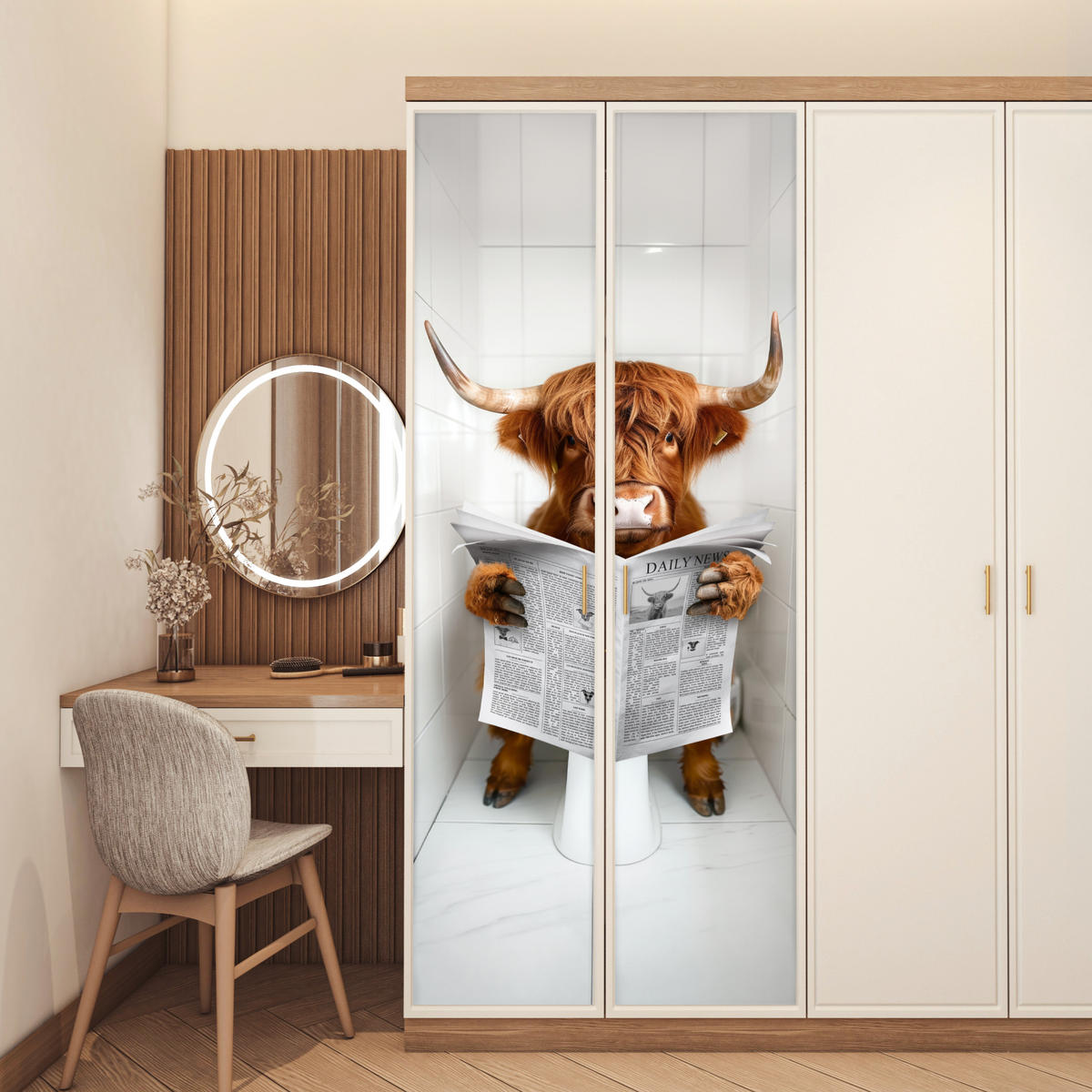 TÜRAUFKLEBER Scottish Highlander - Zeitung - WC - Tier 80x215 cm - Türtapete - Weiß, Kunststoff (80/0.1cm) - MuchoWow