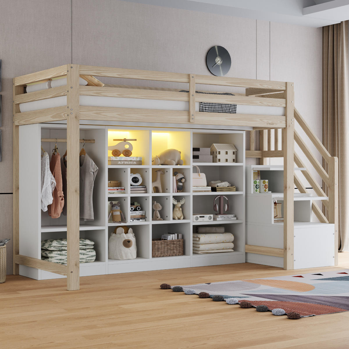 HOCHBETT 90/200 cm mit LED-Beleuchtung, Stauraumfächern und Kleiderschrank, Natur /Weiß - Naturfarben, Holzwerkstoff (90/200cm) - Redom