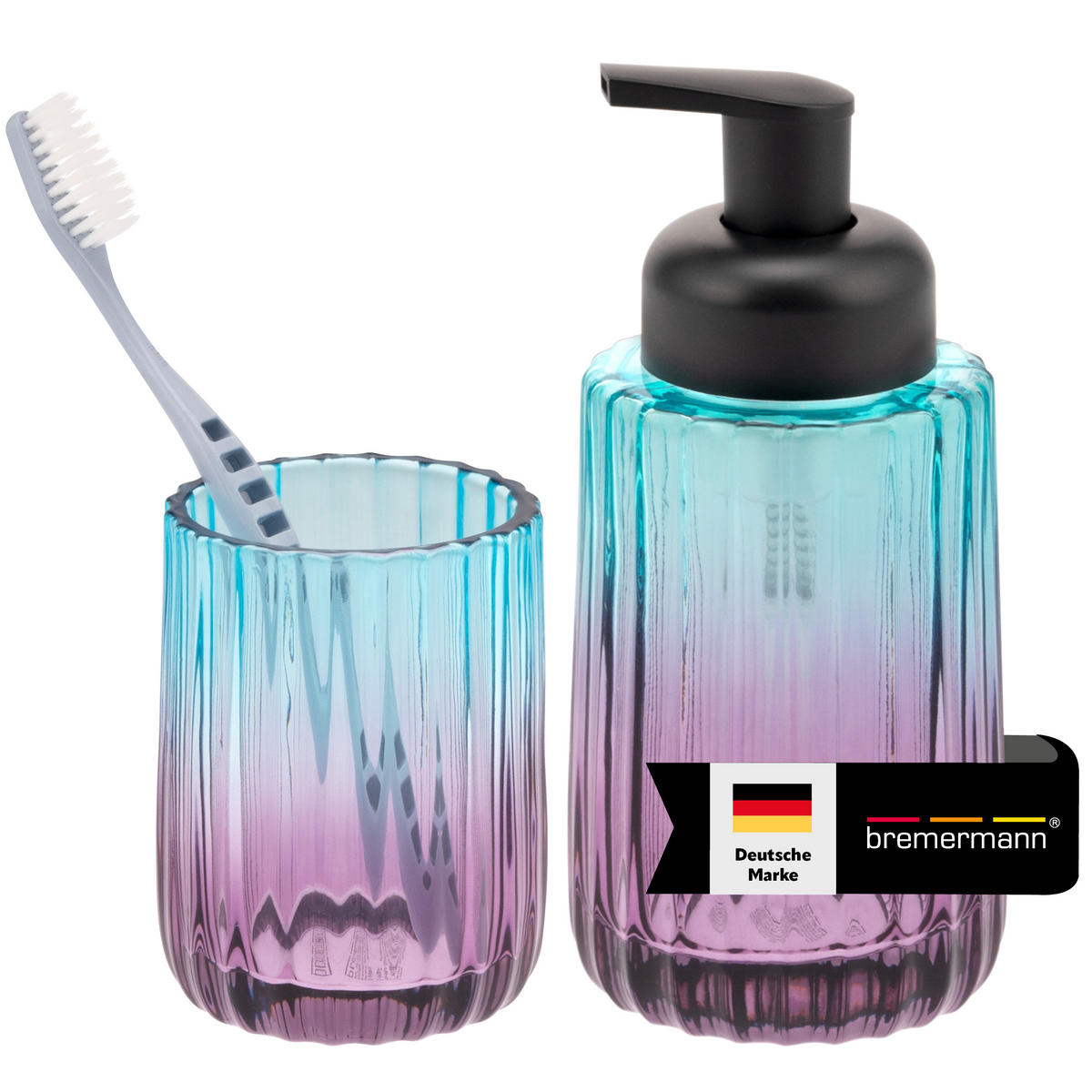 BADEZIMMERSET 2TLG., Seifenspender u. Zahnputzbecher, Glas, blauviolett - Blau/Lila, Glas (8/17/8cm) - bremermann