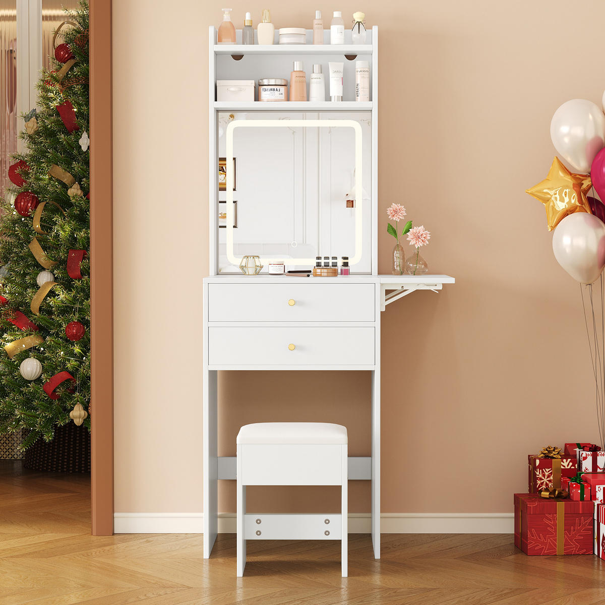 SCHMINKTISCH Weiß LED klappbar 2 Schubladen Hocker 75x45x156cm - Weiß, Holzwerkstoff (45/156/75cm) - FLIEKS