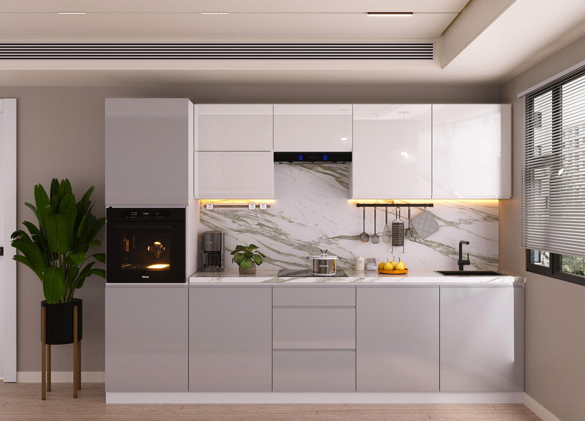 KÜCHENZEILE 300 cm Glanzia – KU-S01 – Grau / Weiß - Weiß Hochglanz/Grau, Holz/Holzwerkstoff (300/212/58cm)