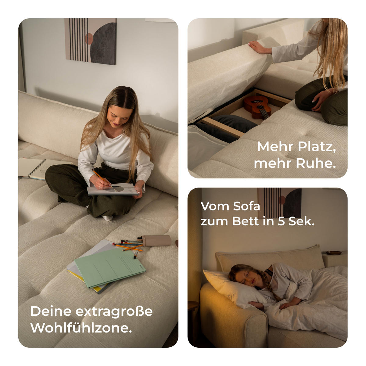 ECKSOFA FRIGA Creme Strukturstoff mit Schlaffunktion - Creme, Holz (283/185cm) - MASSENO
