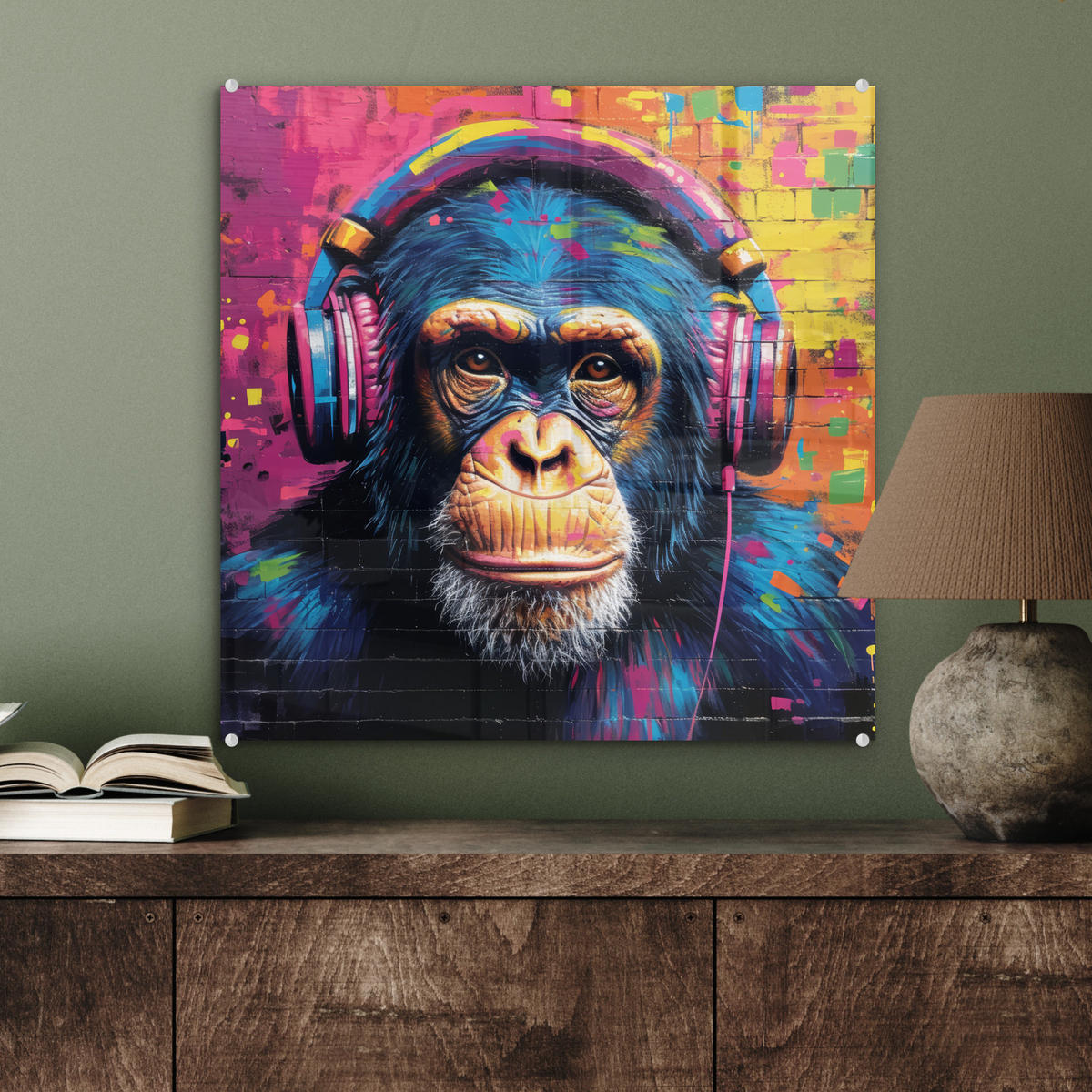 ACRYLGLASBILD Graffiti - Schimpanse - Straßenkunst - Kopfhörer - Affe 50x50 cm - Blau, Glas (50/50cm) - MuchoWow