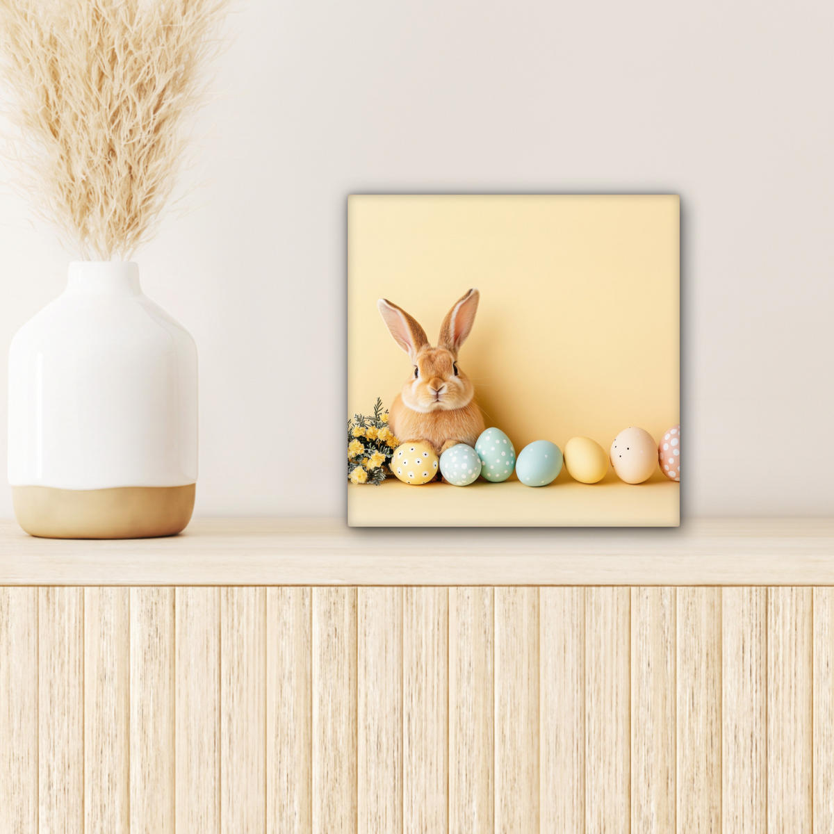 LEINWANDBILD Eier - Kaninchen - Pastellfarbtöne Deko Wohnzimmer 20x20 cm - Hellgelb, Textil (20/20cm) - MuchoWow
