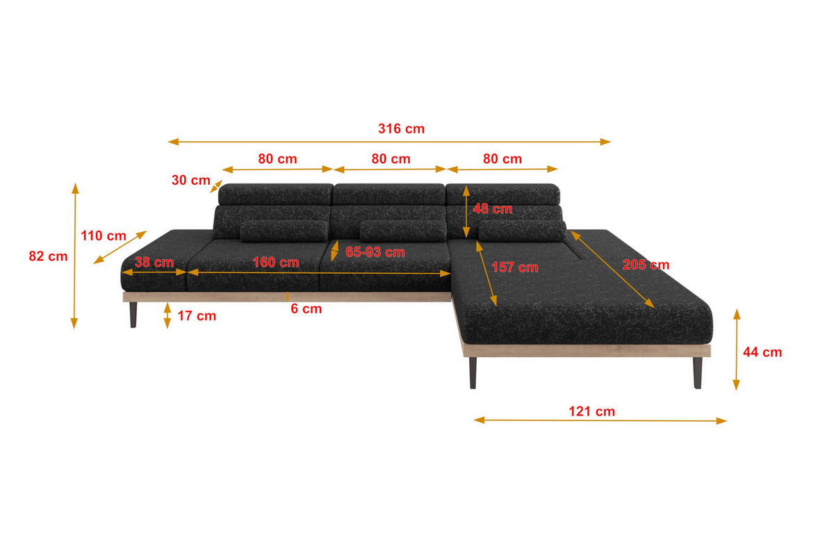 ELEKTRISCHES ECKSOFA Rechts MONA 316x205x85 Schwarz Velours - Schwarz, Holzwerkstoff/Textil (316/205cm) - ALTDECOR