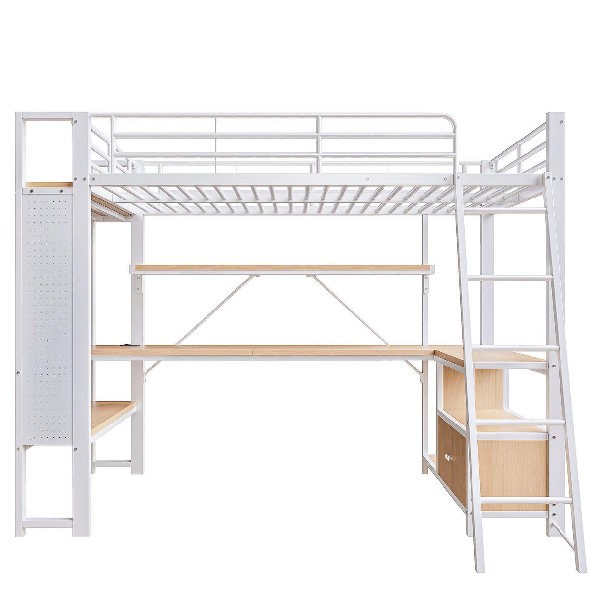 HOCHBETT aus Metall und MDF 90x200 cm Weiß mit LED-Lichtleiste, Schreibtisch, Regalen und USB-Anschluss - Weiß, Metall (90/200cm) - Modfu