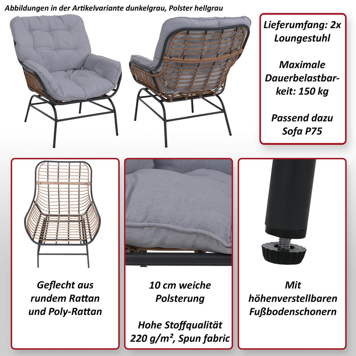 RELAXSESSEL Dunkelgrau, Hellgrau - Dunkelgrau/Hellgrau, Holzwerkstoff (77/90/80cm) - MCW