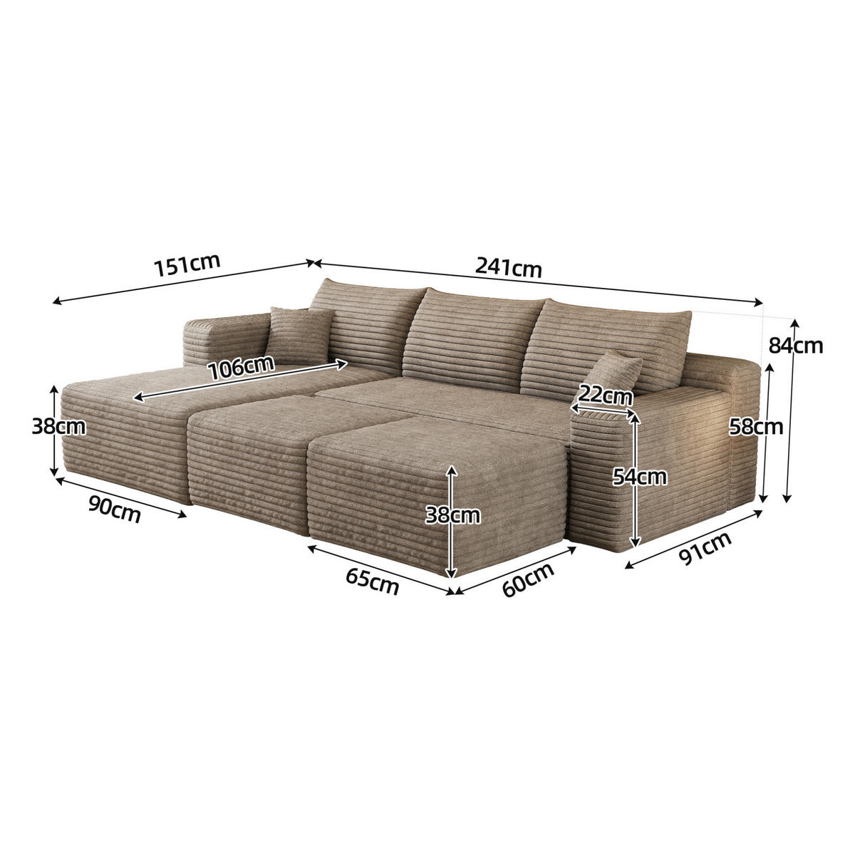 ECKSOFA 241/151/58 cm camel aus Stoff mit Chaise longue ohne Montage - Hellgrau, Textil (151/241cm) - OKWISH