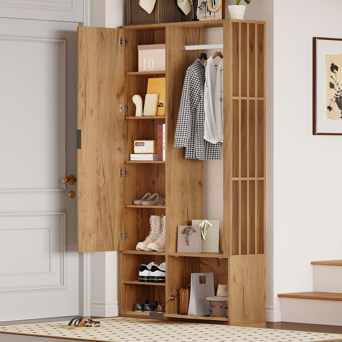 BUFFET Flur Garderobenschrank mit Spiegel und Kleiderständer Stauraum 100/33/190 Multifunktion Spanplatte - Naturfarben, Holzwerkstoff (33/100/190cm) - EVRYAE