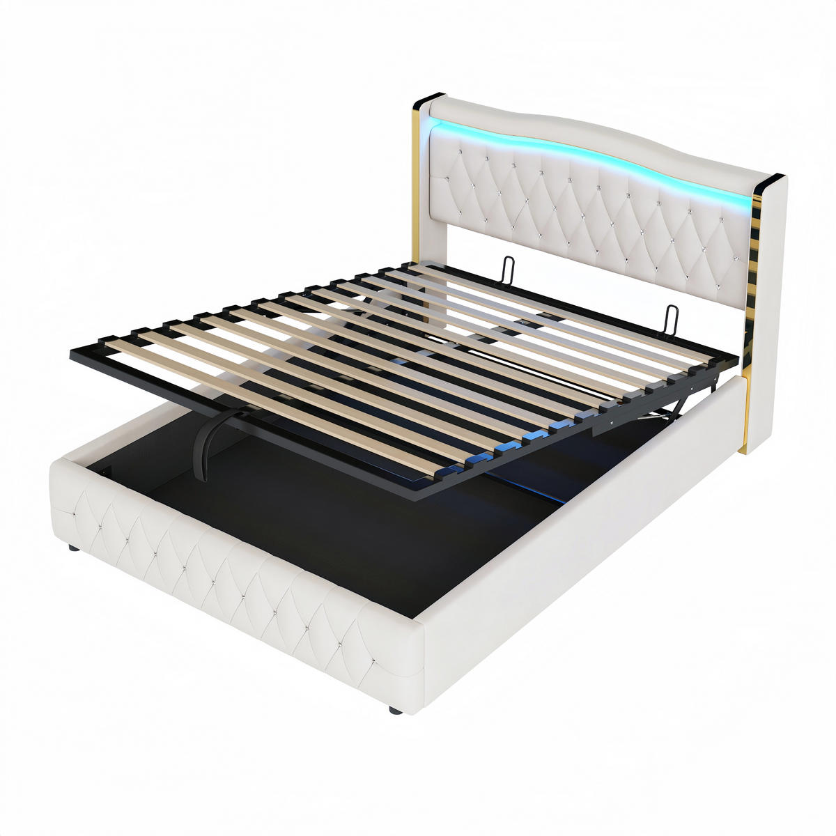 POLSTERBETT 160/200 cm beige mit LED-Beleuchtung und hydraulischem Stauraum - Beige, Textil (160/200cm) - OKWISH