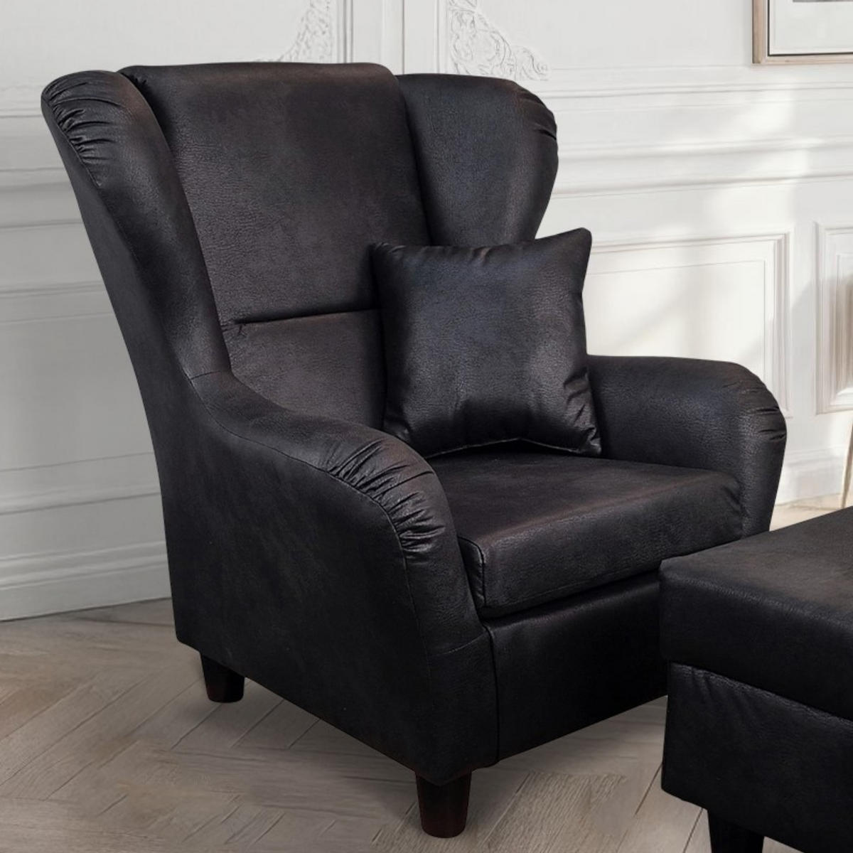 OHRENSESSEL mit HOCKER, hoher Sitzkomfort durch Wellenunterfederung B90/H98/T76 cm, Mikrofaser Leder-Optik Vintage Schwarz / 18007 - Schwarz, Holz/Textil (90/98/76cm) - luma-home