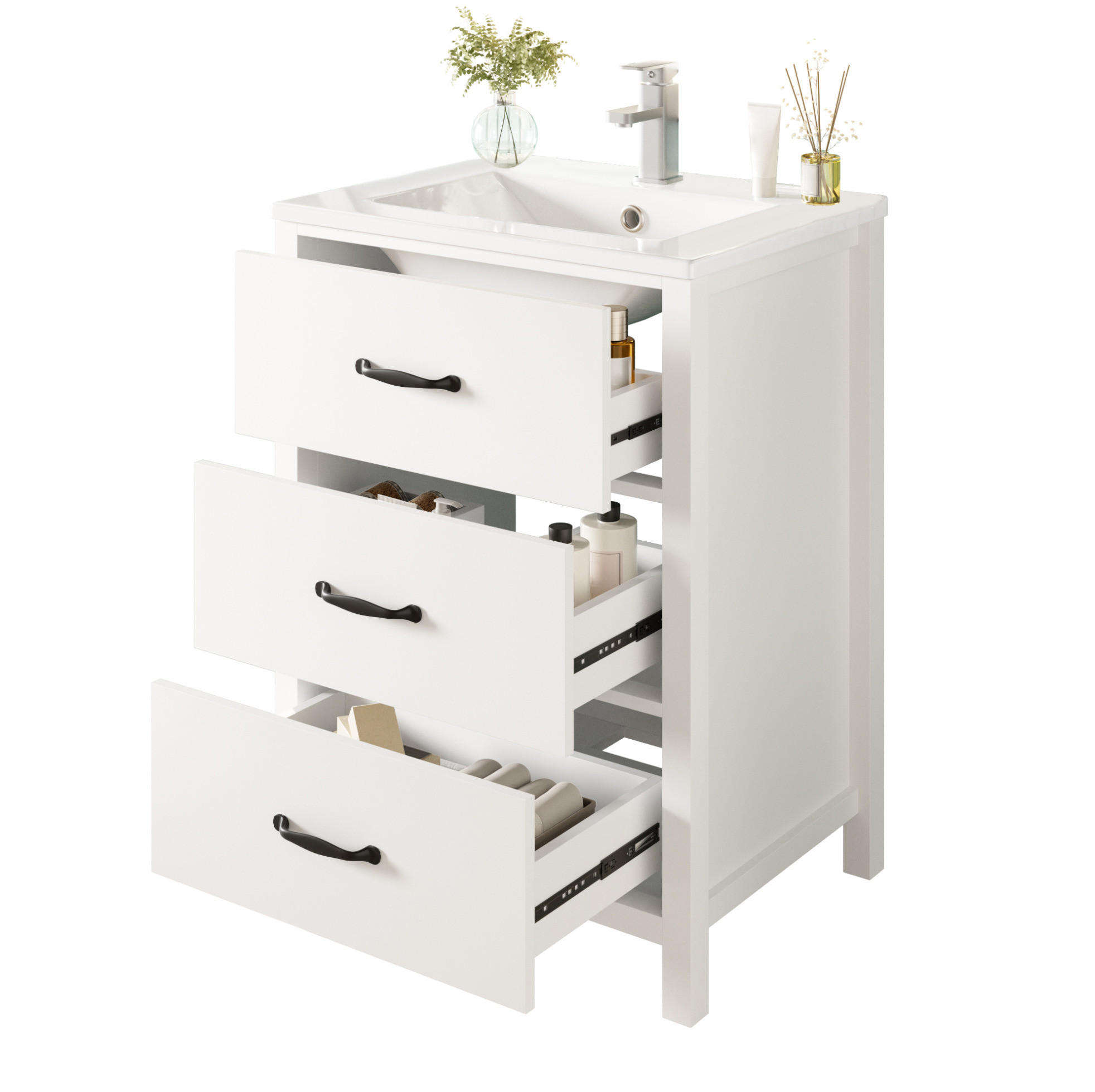 FREISTEHENDER Waschtisch aus MDF und Keramik 61x47x83 cm Weiß mit 3 Schubladen und Keramikbecken - Weiß, Keramik (61/83/47cm) - Modfu