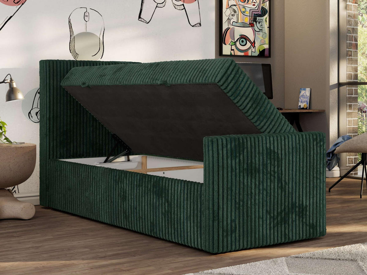 JUGENDBETT TILIO DUO 90/200 - Dunkelgrün Cord - H4 - Links Seite - Dunkelgrün, Textil (90/200cm) - MKS