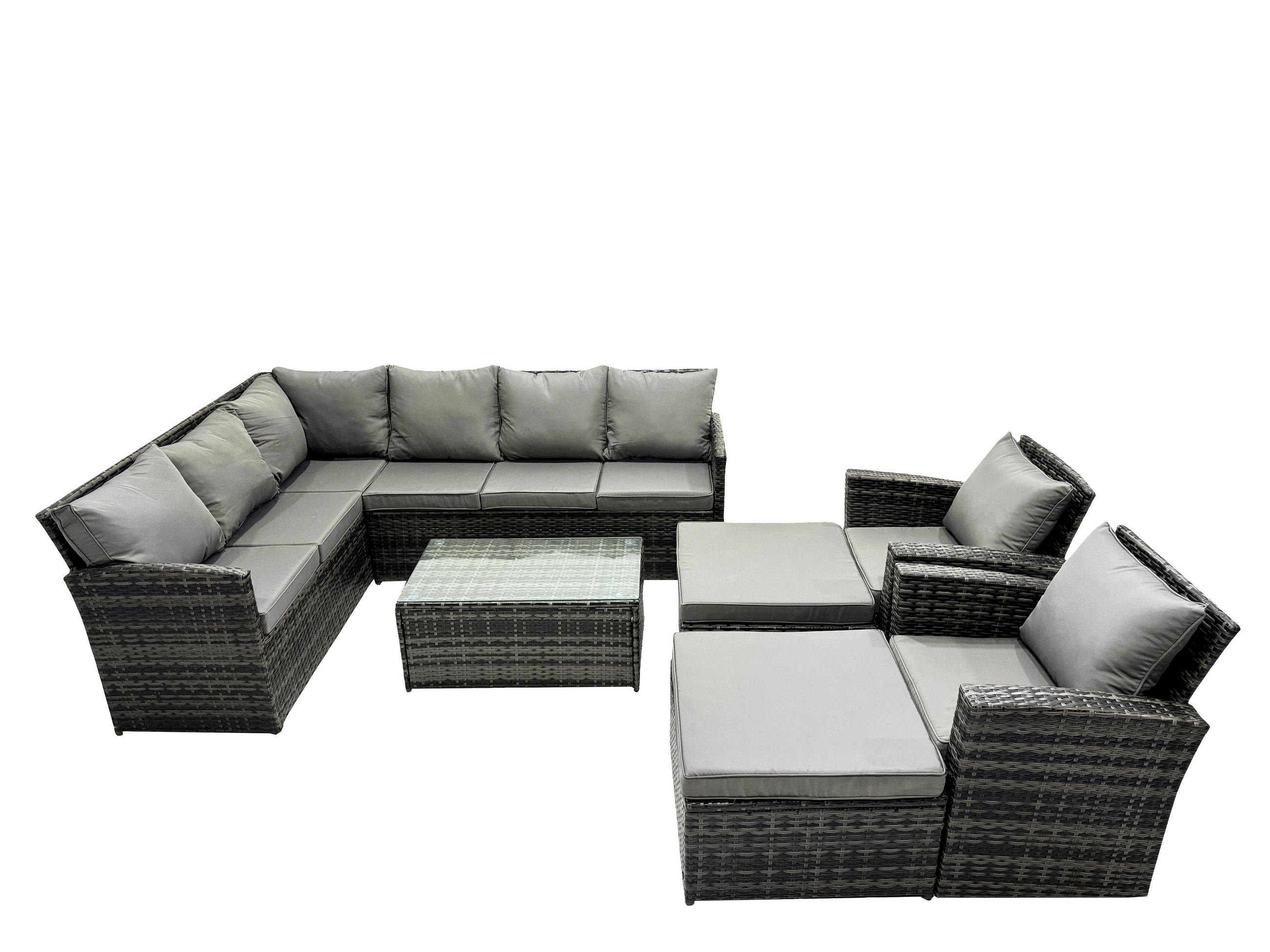 GARTENSET mit Couchtisch, 2 Fußhocker Polyrattan Dunkelgrau 10-Sitzer - Dunkelgrau/Grau, Glas/Kunststoff - Fimous