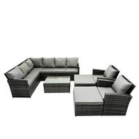 GARTENSET mit Couchtisch, 2 Fußhocker Polyrattan Dunkelgrau 10-Sitzer - Dunkelgrau/Grau, Glas/Kunststoff - Fimous