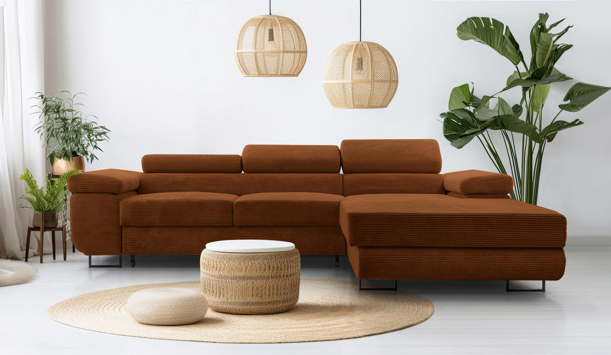ECKSOFA L Form Arborio Ziegelrot 280/203/90 cm Rechts mit Schlaffunktion - Schwarz/Orange, Textil/Metall (280/203cm) - AX Living