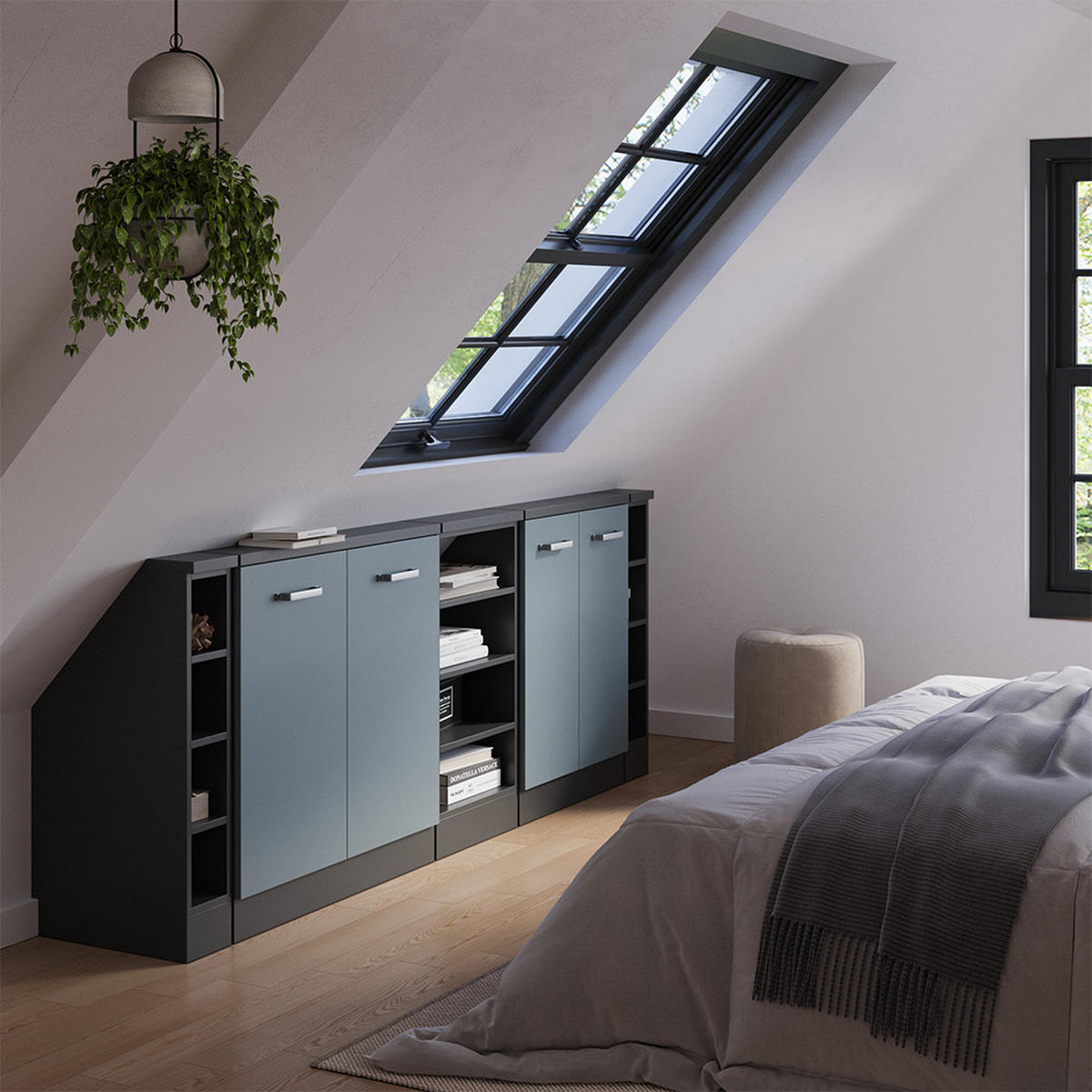 KUCHYŇSKÁ SKŘÍŇKA POD ŠIKMOU STŘECHU R-Line Modrošedá/antracitová - antracitová/šedohnědá, kompozitní dřevo (210/81.6/46cm) - Vicco