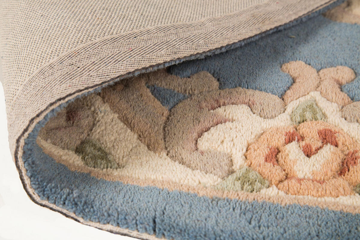 WOLLTEPPICH Aubusson-Muster handgeknüpft BEAULY, Blau-Beige 120x120 cm - Blau, Textil (120/120cm) - KADIMA DESIGN