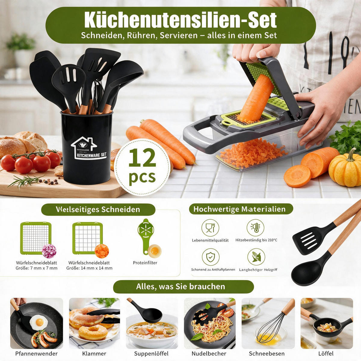 KÜCHENHELFER-SET Komplettset mit Gemüseschneider, Silikon Kochbesteck, Ölsprüher und praktischem Küchenzubehör - Schwarz, Kunststoff - Joyfair