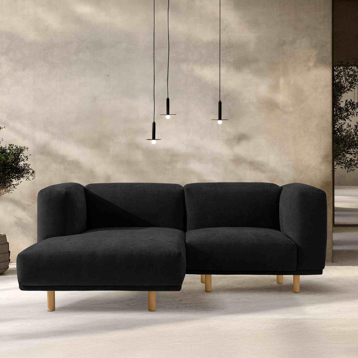 ECKSOFA-LINKS FOSERO, Chenille-Stoff - Anthrazit/Buchefarben, Holz/Holzwerkstoff (204/155cm) - KONSIMO®
