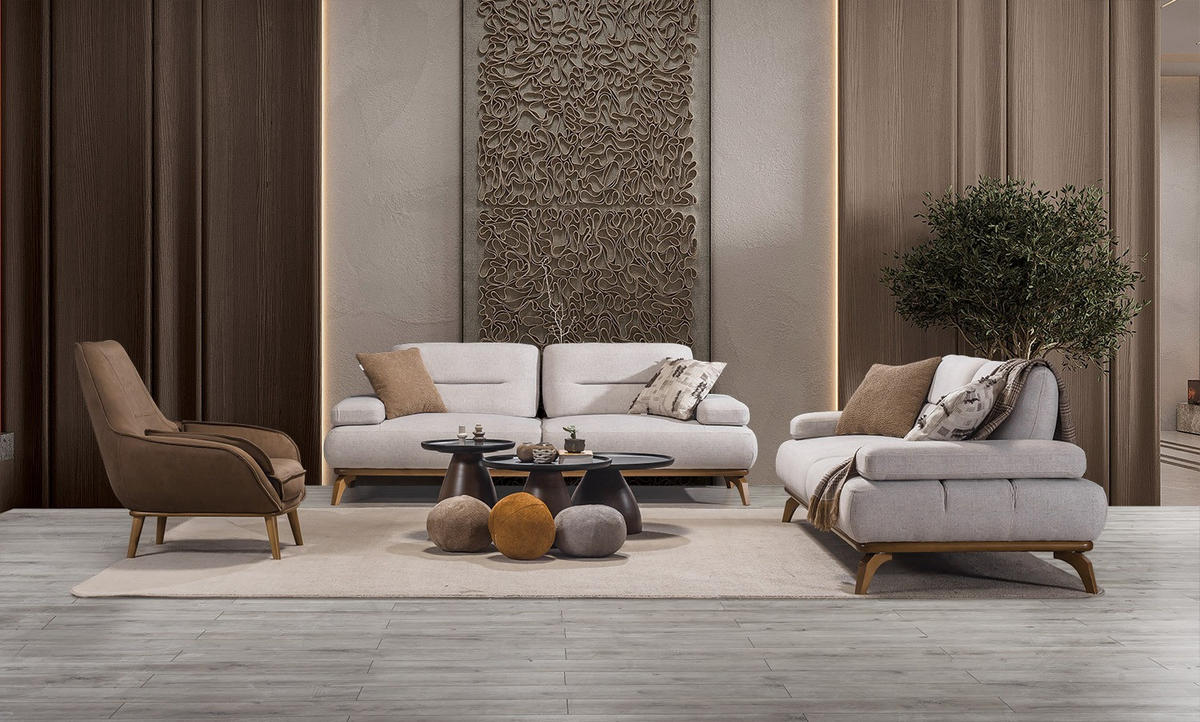 SITZGARNITUR Smooth Creme Stellvariante:3+3+1 - Creme, Holz (240/82/100cm) - Villa Möbel