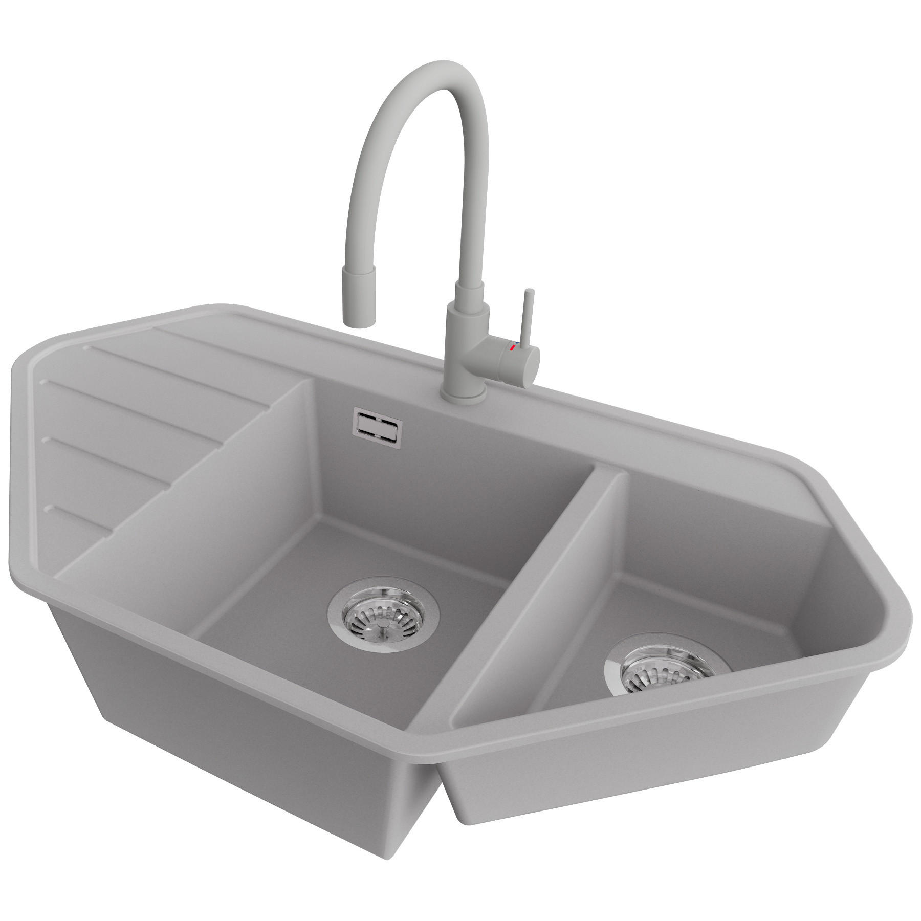 GRANITSPÜLE Kopenhagen Corner, 2-er set Grau 90/50 cm 1,5 Becken + Küchenarmatur 38/14 cm + Ablauf-Set ab 70er Unterschrank - Chromfarben/Grau, Kunststoff (90/18/50cm) - Primagran