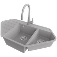 GRANITSPÜLE Kopenhagen Corner, 2-er set Grau 90/50 cm 1,5 Becken + Küchenarmatur 38/14 cm + Ablauf-Set ab 70er Unterschrank - Chromfarben/Grau, Kunststoff (90/18/50cm) - Primagran