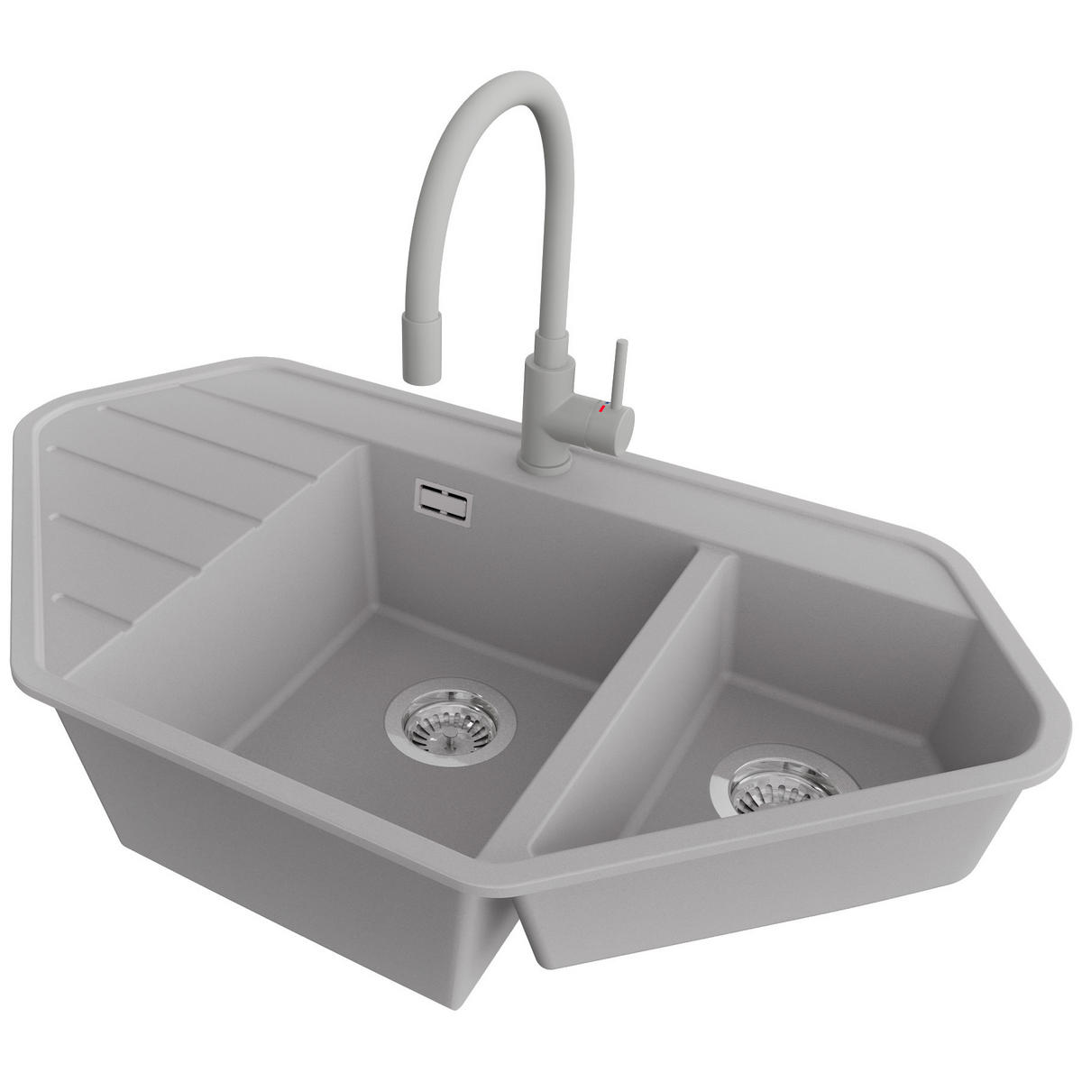 GRANITSPÜLE Kopenhagen Corner, 2-er set Grau 90/50 cm 1,5 Becken + Küchenarmatur 38/14 cm + Ablauf-Set ab 70er Unterschrank - Chromfarben/Grau, Kunststoff (90/18/50cm) - Primagran