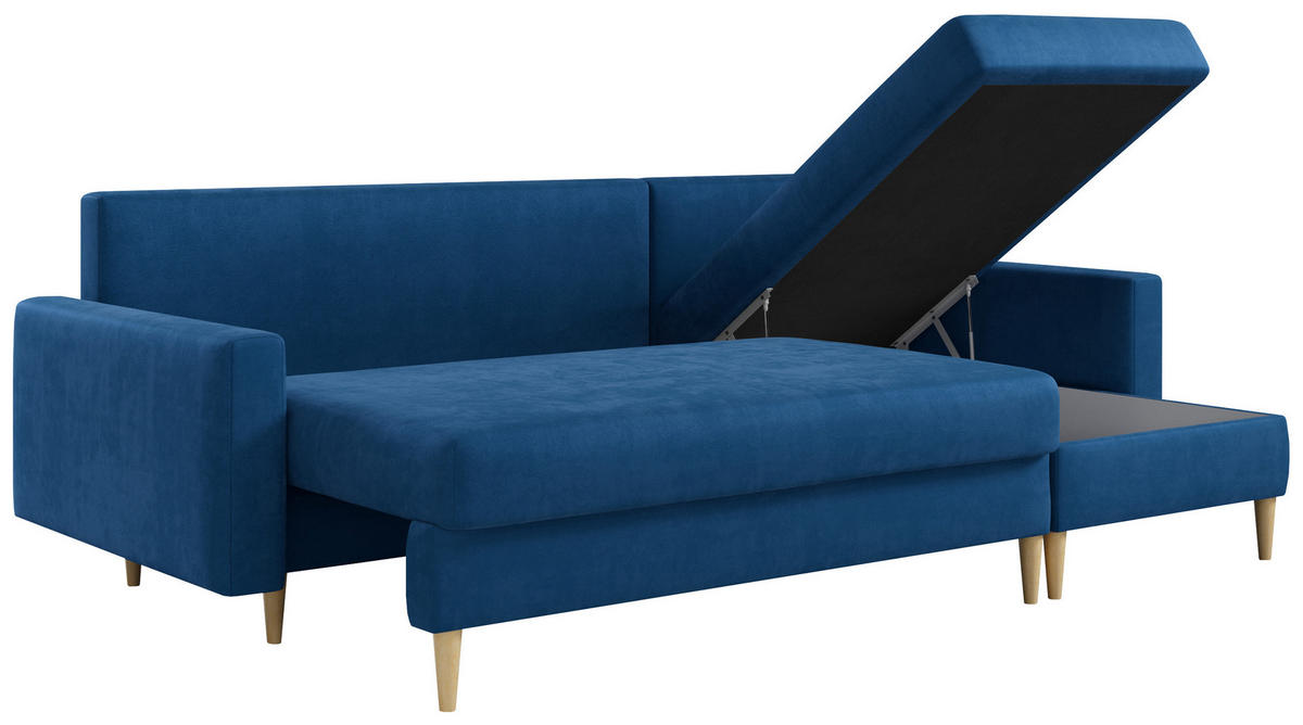 ECKSOFA Lang Velvet Dunkelblau - Dunkelblau/Braun, Holz/Textil (220/140cm) - MKS