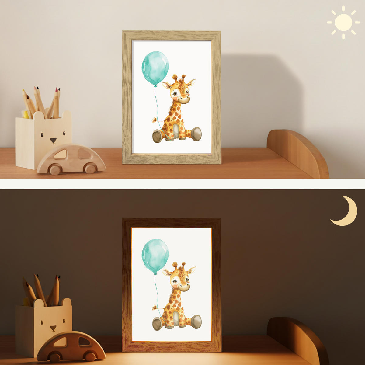 NACHTTISCHLAMPE Giraffe - Baby - Tiere - Blauer Ballon 15x20 cm - Weiß, Holzwerkstoff (8/15/20cm)