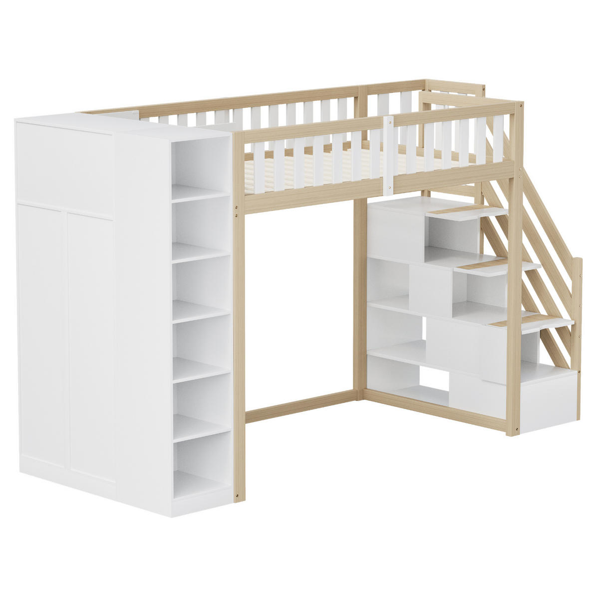 HOCHBETT 90/200 cm mit Kleiderschrank und Regalen, Weiß/Naturholz - Weiß, Holzwerkstoff (90/200cm) - Flora Grace