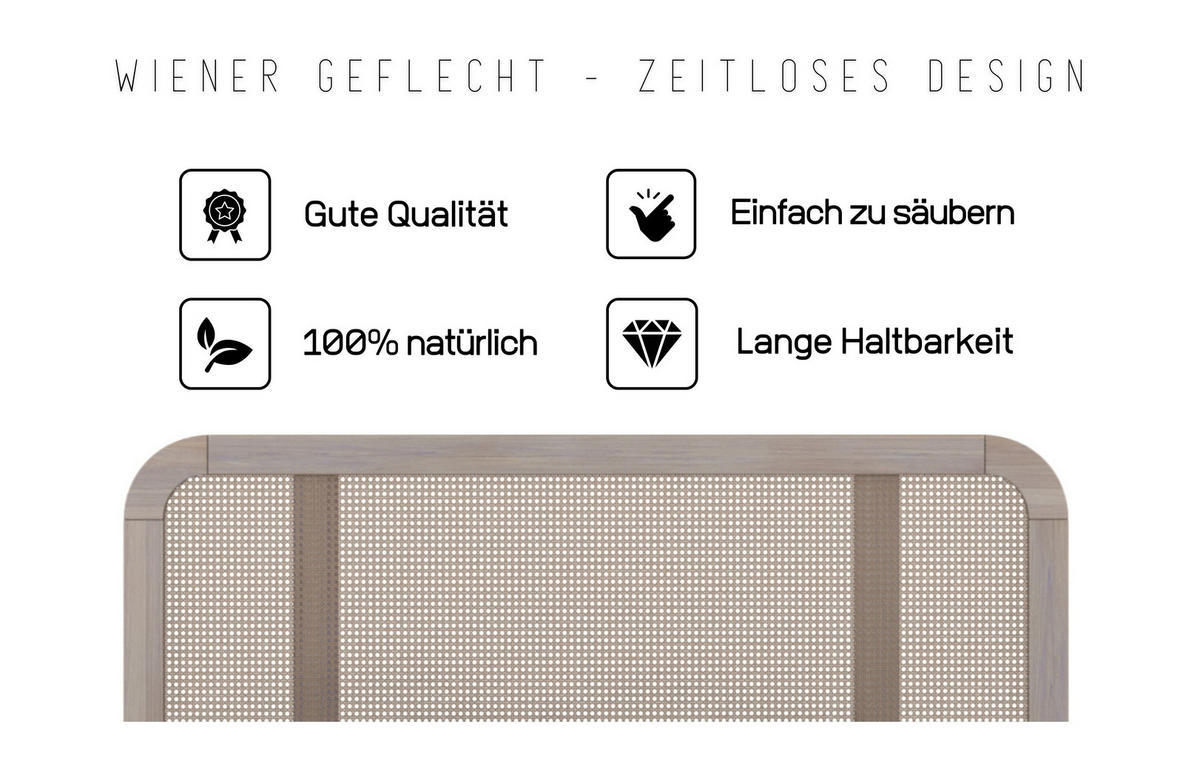 MASSIVHOLZBETT Harmark, Rattan - Kopfteil, Eiche gebleicht - geölt, 140x200 - Eiche Bianco, Holz/Buchenholz (140/200cm) - Skandica