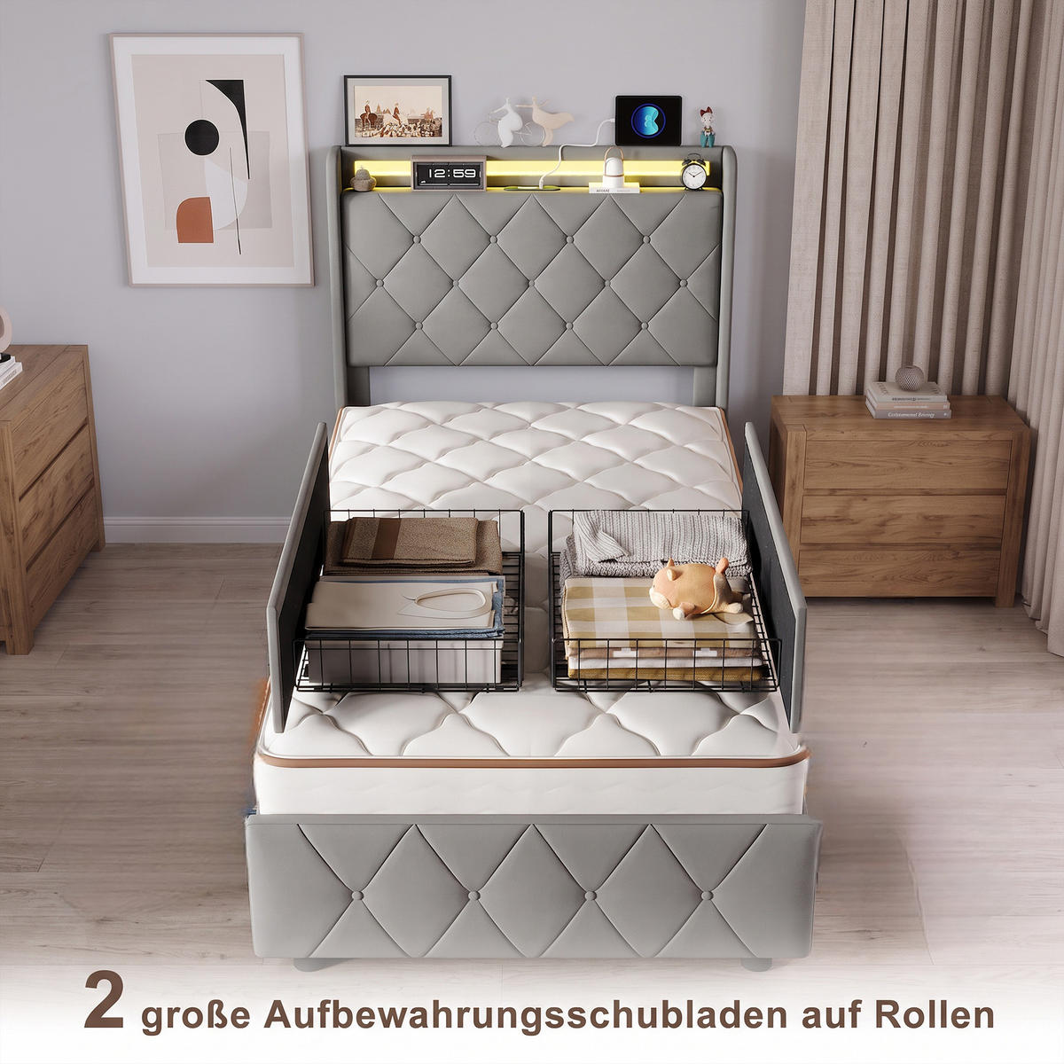 POLSTERBETT, LED-Beleuchtung Einzelbett 90x200cm mit Ladefunktion und 2 Schubladen, Samt, grau - Grau, Holz/Holzwerkstoff (90/200cm) - GENKI LIVING