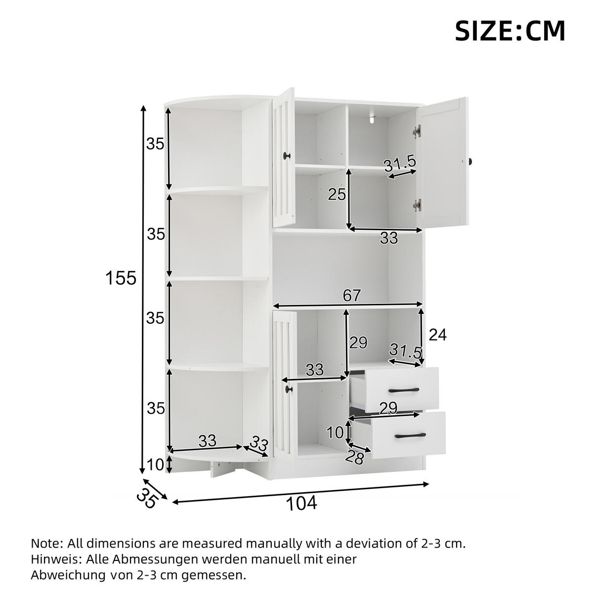 HIGHBOARD 104/155/35 cm Weiß aus Spanplatte mit 14 Ablageflächen - Weiß, Holzwerkstoff (35/155/104cm) - OKMYHOME