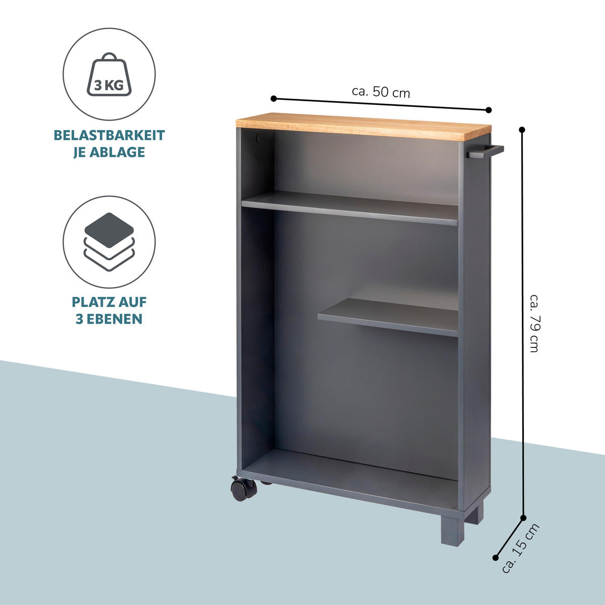 BAD-ROLLWAGEN, grau - Grau, Holz (50/79/15cm) - eluno
