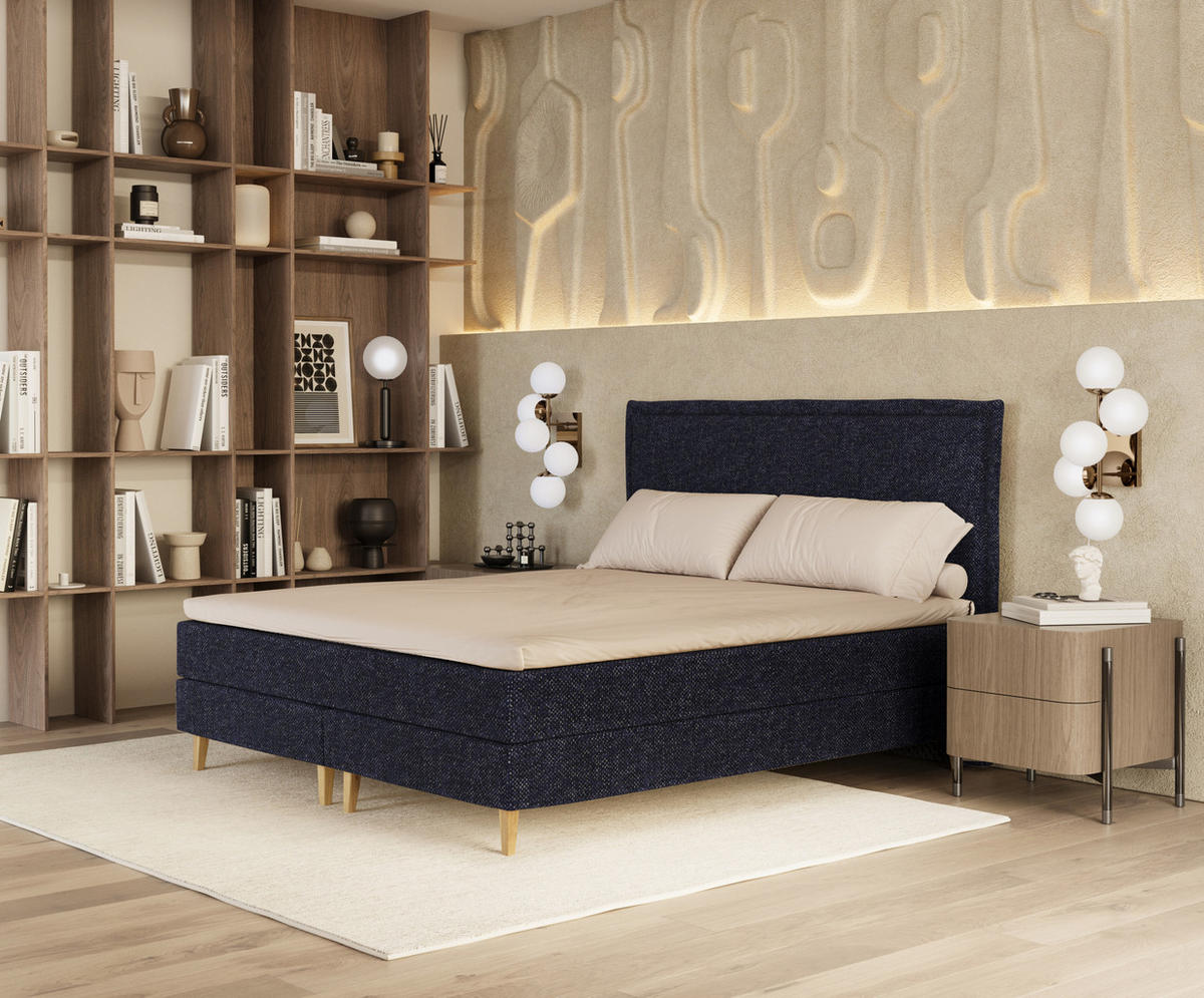 KONTINENTALBETT Calma Marineblau 200/200 cm mit Matratze und Topper - Naturfarben/Dunkelblau, Holz/Holzwerkstoff (200/200cm) - Maison de Reve