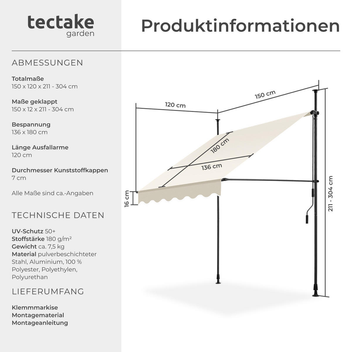 KLEMMMARKISE ,einfache Montage,beige - Beige, Kunststoff (150/304/180cm) - tectake